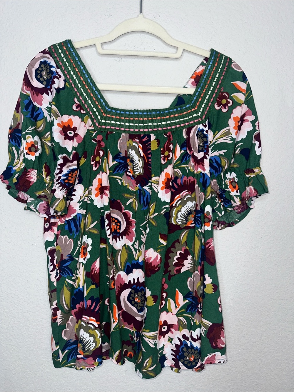 Style & Co. Green Floral Square Neck‎ Peasant Top